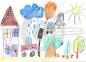 Drawing of the buildings and cars. Happy family on a walk. Pencil art in childish style