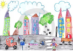 Drawing of the buildings and cars. Happy family on a walk. Pencil art in childish style