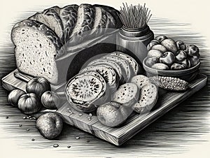 Drawing a bunch of different types of bread lies on a cutting board done in black and white style. AI generated, AI generative, AI