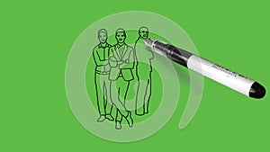 Drawing a business meeting in black, brown, grey, blue and white colour combination on abstract green background