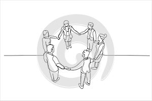 Drawing of business team are holding hands forming circle. Single continuous line art