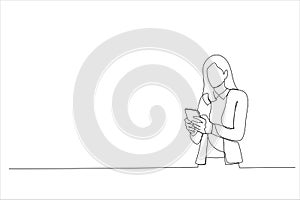 business woman using cell phone. Having Conversation, typing sms or presenting. Single line art style