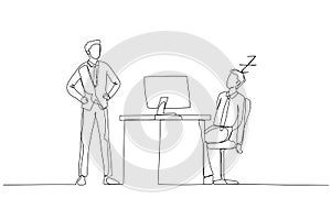 Drawing of businessman falling asleep at work time get caught by boss concept of slacking off. Continuous line art style