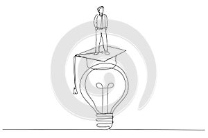 Drawing of businessman go inside light bulb to fix or invent new idea metaphor of entrepreneurship. Continuous line art