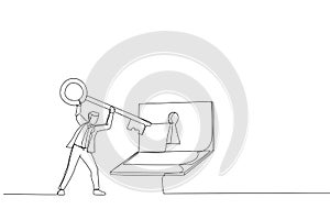 Drawing of businessman hold the keys and computer laptop with protection key lock. Metaphor for online data security. Single line