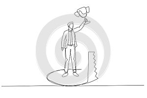 Drawing of businessman holding trophy but get betrayed by someone. Single continuous line art style