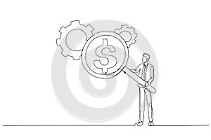 Drawing of businessman with magnifier showing dollar money reflection looking at gear cogwheel concept of cost efficient. photo