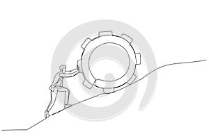 Drawing of businessman pushing gear to the top metaphor of persistence and hard work. Single continuous line art style