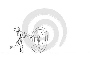 Drawing of businessman putting huge key into bullseye target key hold to unlock business success. Metaphor for target, KPI,