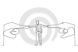 Drawing of businessman resisting pressure from two pointing giant hand. Single line art style