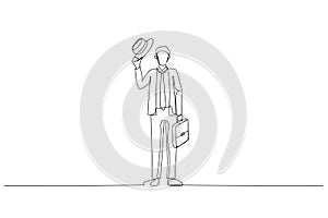 Drawing of businessman in suit with briefcase going to business meeting. Single continuous line art