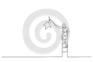 Drawing of businesswoman climbing up ladder to the top high into the sky to grab the star. One line style art