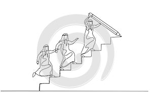 Drawing of businesswoman draw stair with pencil to lead team walk up leader guide team concept of growth. One line art style