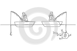Drawing of businesswoman fishing dollar money profit sitting in boat. One line style art