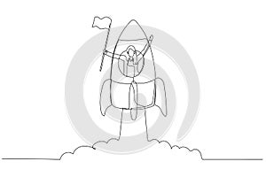 Drawing of businesswoman with flag on a rocket ship launching. Single line art style