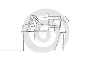 Drawing of businesswoman frustated sitting on office busy desk concept of overwhelmed. One line style art photo
