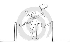 Drawing of businesswoman holding number flag first place in finish line. Single line art style