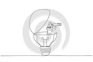 Drawing of businesswoman open lightbulb idea using binoculars to see business vision. Creativity to help. Single continuous line