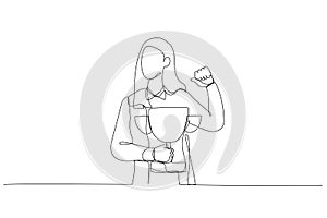Drawing of businesswoman pointing self with thumb feeling proud get trophy award for achievement. One continuous line art style photo