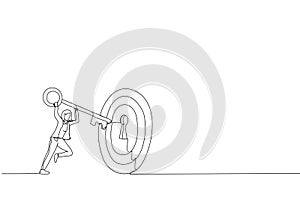 Drawing of businesswoman putting huge key into bullseye target key hold to unlock business success. Metaphor for target, KPI,