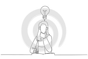Drawing of businesswoman thinking on productive ideas sitting at laptop and notepad for notes. Single continuous line art style