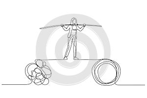 Drawing of businesswoman walk on tight rope balancing between problem. Single continuous line art style