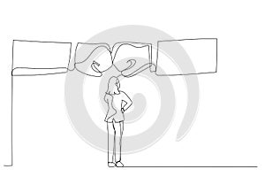 Drawing of businesswoman watching two giant fist clashed. Continuous line art