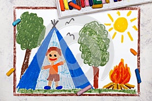 Drawing: Camping in forest, smiling boy in tent, campfire.