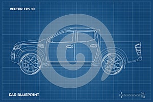 Drawing of the car on a blue background. Side view of pickup. Industrial blueprint of SUV photo