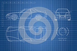 Drawing of the car on a blue background. Top, front and side view. The blueprint of vehicle