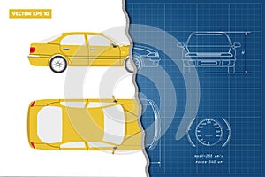 Drawing of the car on a blue background. Top, front and side view. Industrial blueprint of vehicle