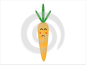 Drawing of a carrot with a sad and embarrassed face with closed eyes isolated on a white background