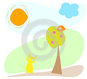 drawing with cartoon cat, tree, bird, sun and cloud