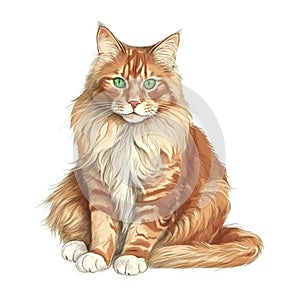 a drawing of a cat with green eyes and long hair sitting down on a white background with a white background and a white