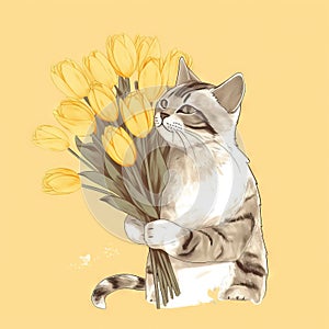 a drawing of a cat holding a bunch of flowers in its paws and looking at the camera with a sad look on its face