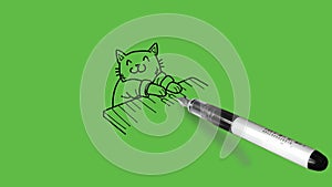 Drawing a cat, which  is playing with harmonium in black, brown, grey, blue and white colour combination at abstract green backgro
