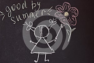 drawing with chalk on a black board a girl with a flower inscription summer goodbye