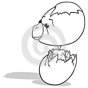 Drawing of a Chicken with a Big Head Sitting in an Eggshell