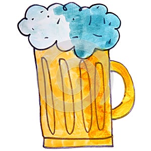 drawing children watercolor mug, beer cartoon on a white backgro