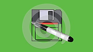 Drawing chip card in black, brown, grey, orange and blue colour combination on abstract green screen background