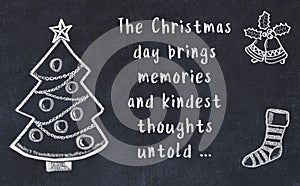 Drawing of christmas tree and handwritten greetings on black chalkboard