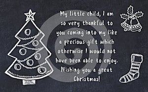 Drawing of christmas tree and handwritten greetings on black chalkboard