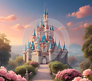 drawing Cinderella's magical castle with pink and blue