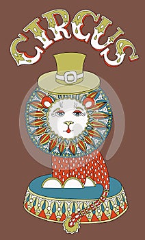 Drawing of circus theme - lion in a hat with