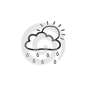Drawing cloud with rain and sun. Symbol of rainy weather. Vector hand drawn illustration in doodle style