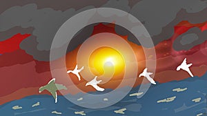 Drawing Of Cloudy Sunset View, With Sea, And Birds .