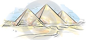 Drawing color piramids and desert in Giza, Egypt