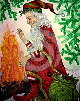 Drawing with colored pencils on paper, Joulupukki near the fire