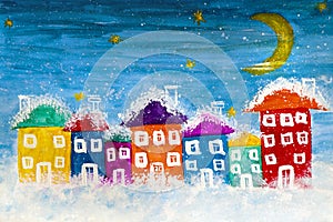 Drawing colorful houses with Windows and roofs in winter on a dark night