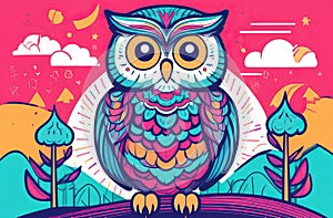 Drawing of a colorful owl sitting on a branch.printmaking style photo
